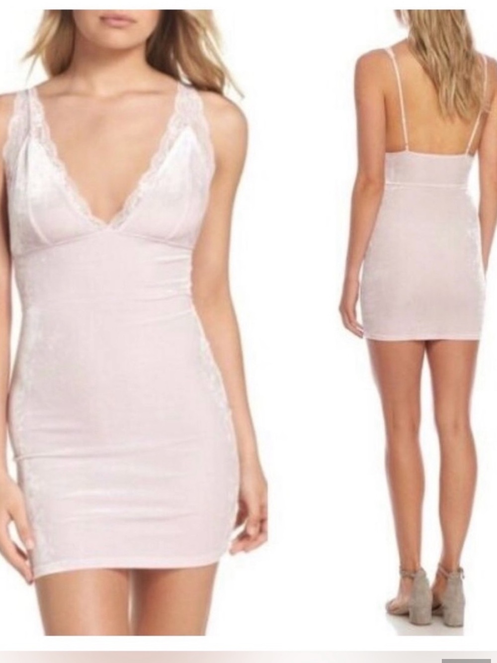 Free People Crushed Velvet Lace-Trim Mini Dress - Blush Pink